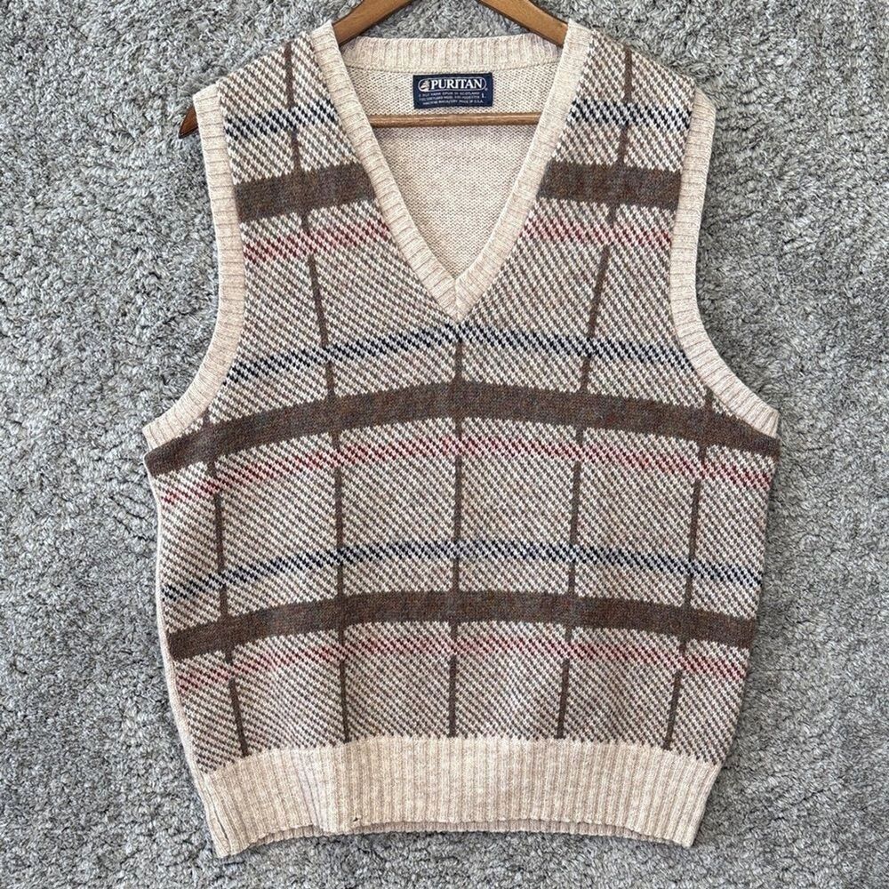 Vintage Puritan Men's Beige Checkered V-Neck Sweater Vest Shetland Wool Blend